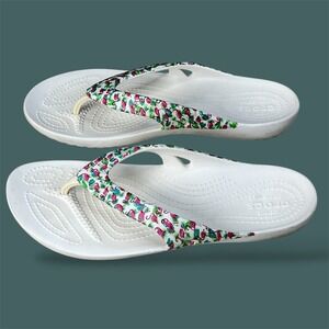 Crocs Kadee II Flip Flops White Flamingo Tropical Print Sandals Womens 8